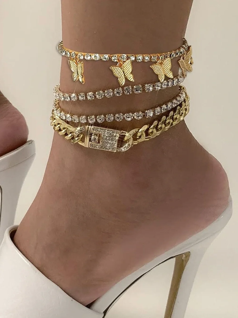 Anthropologie Gold Crystal Butterfly Layered Bracelet Set